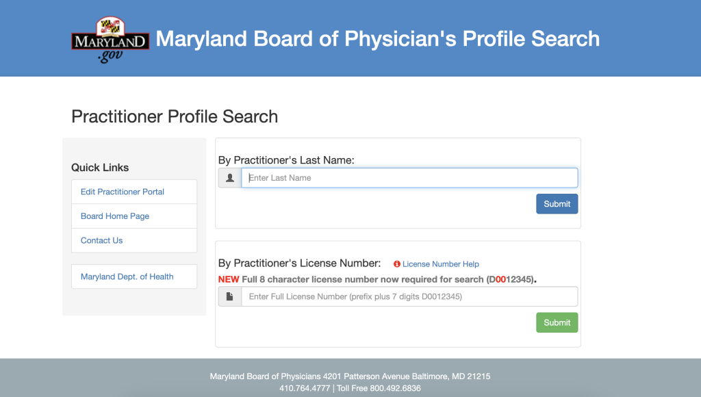 Screenshot from the Maryland Board of Physicians website to search for a Maryland physician and physician assistant. 